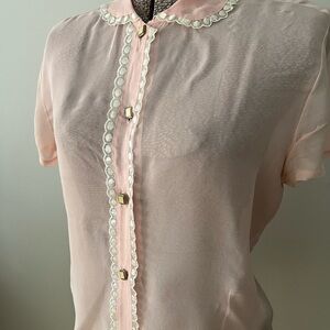 Vintage Pink Blouse with White Trim